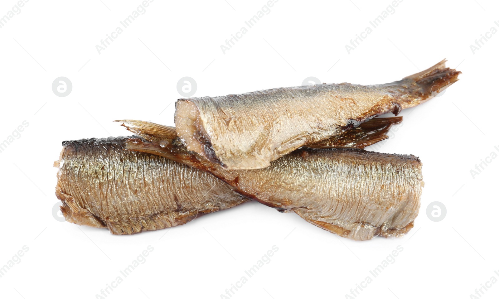Photo of Three tasty canned sprats isolated on white