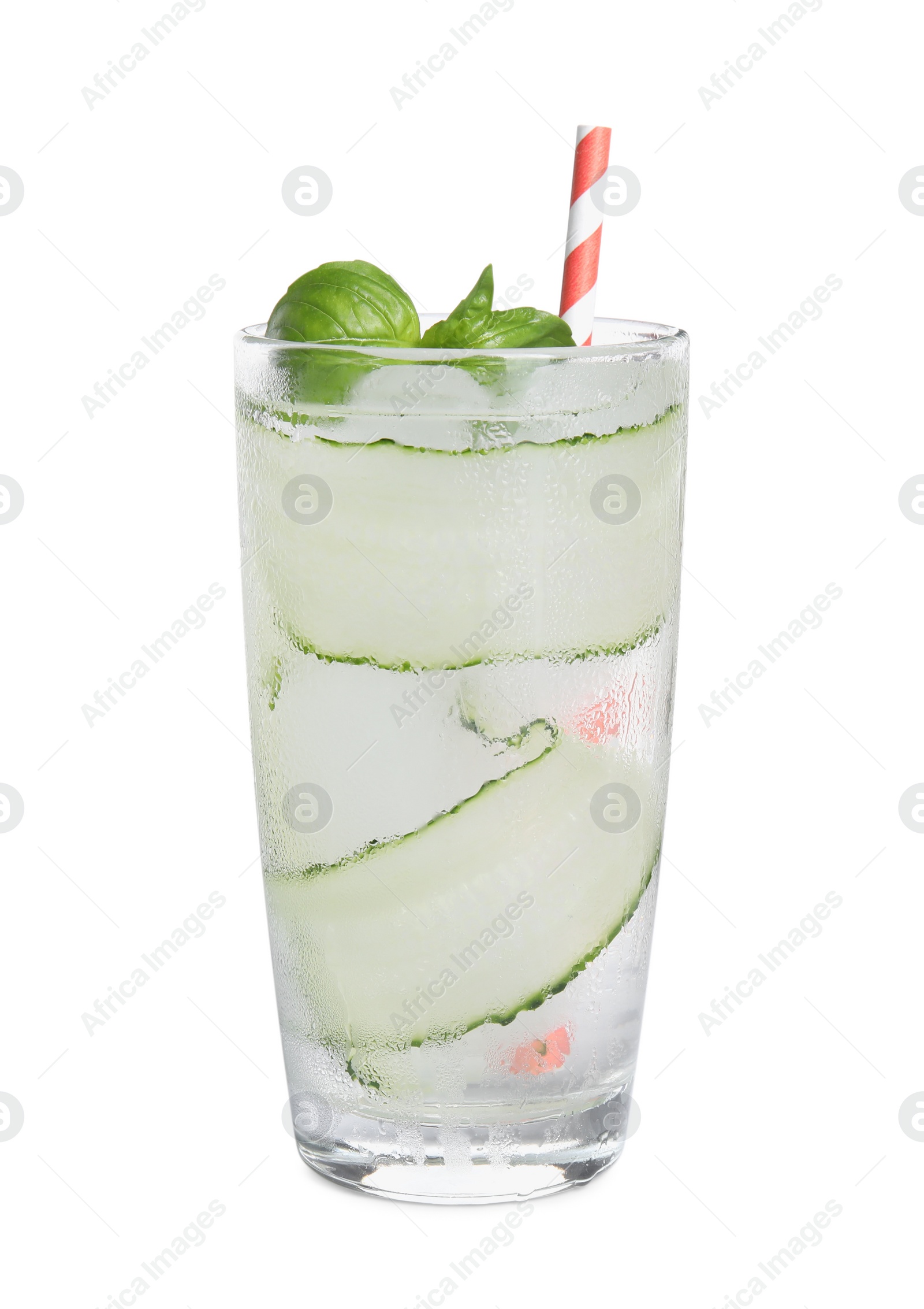 Photo of Refreshing cucumber water with basil in glass isolated on white