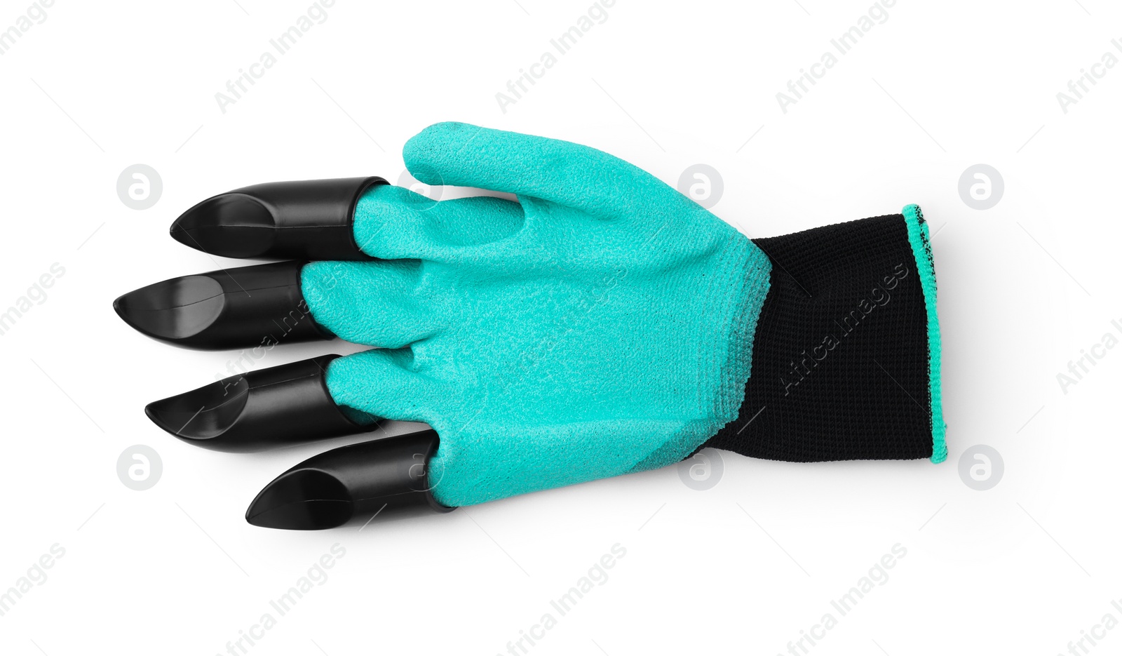 Photo of One claw gardening glove isolated on white, top view