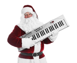 Santa Claus with synthesizer on white background. Christmas music