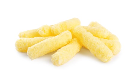 Pile of tasty corn puffs on white background