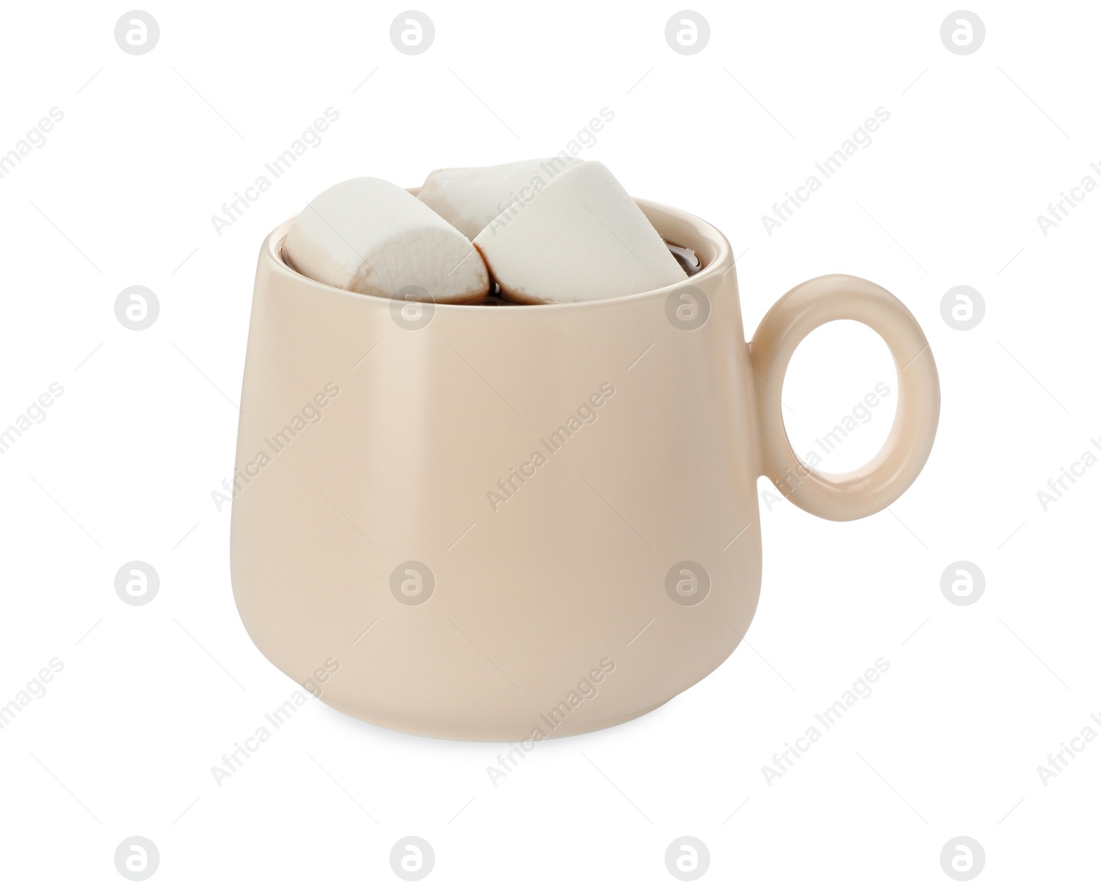 Photo of Cup of aromatic hot chocolate with marshmallows isolated on white