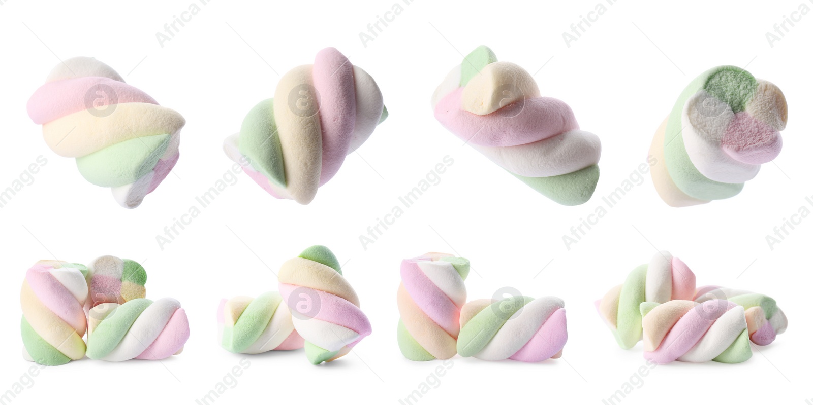 Image of Set with tasty colorful marshmallows on white background