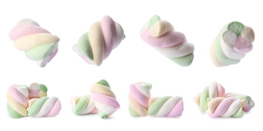 Set with tasty colorful marshmallows on white background