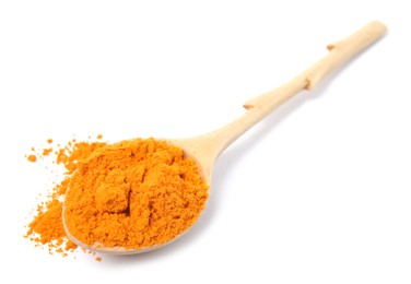 Wooden spoon with saffron powder on white background