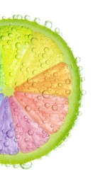 Image of Fresh lime slice with rainbow segments and water bubbles on white background. Brighten your life