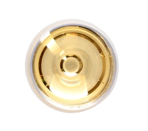 Photo of Glass of champagne on white background, top view