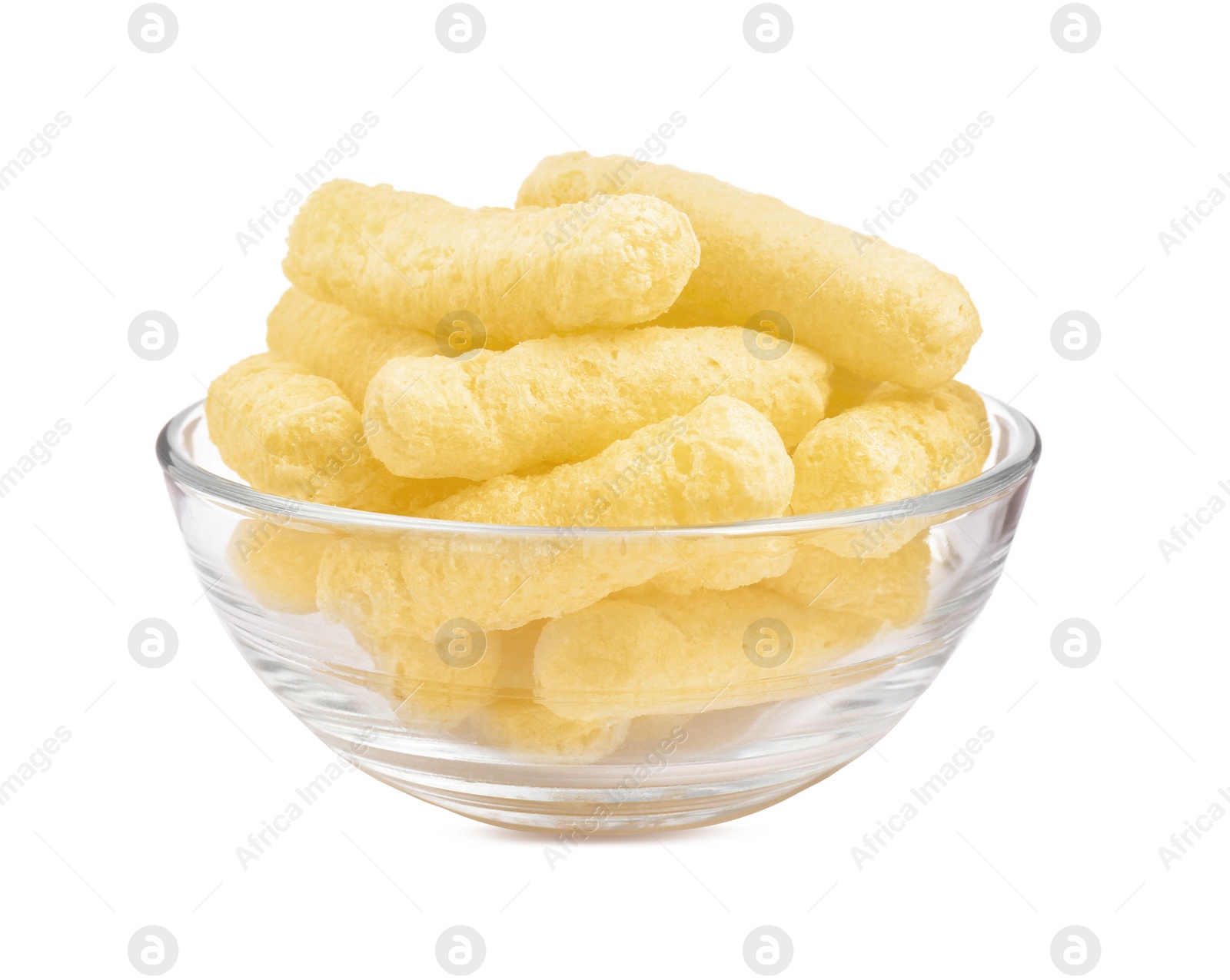 Photo of Glass bowl of sweet corn sticks isolated on white