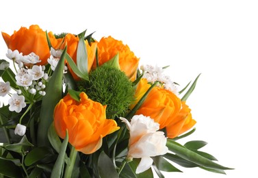 Image of Beautiful bouquet with orange peony tulips on white background, closeup