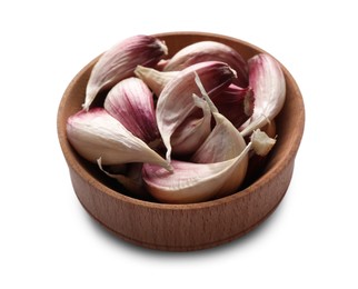 Photo of Unpeeled garlic cloves in wooden bowl isolated on white