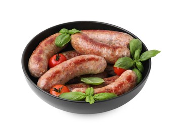 Photo of Bowl with tasty homemade sausages, basil leaves and tomatoes on white background