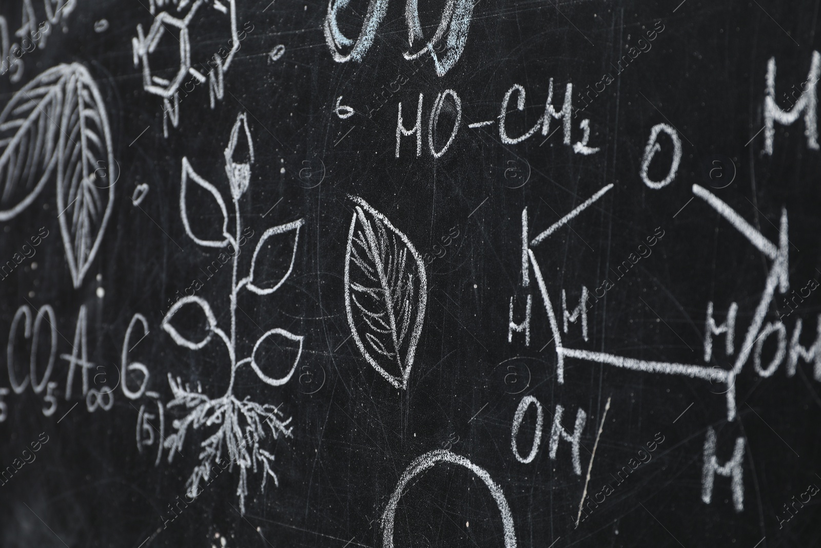 Photo of Chemical formulas and different pictures drawn on blackboard