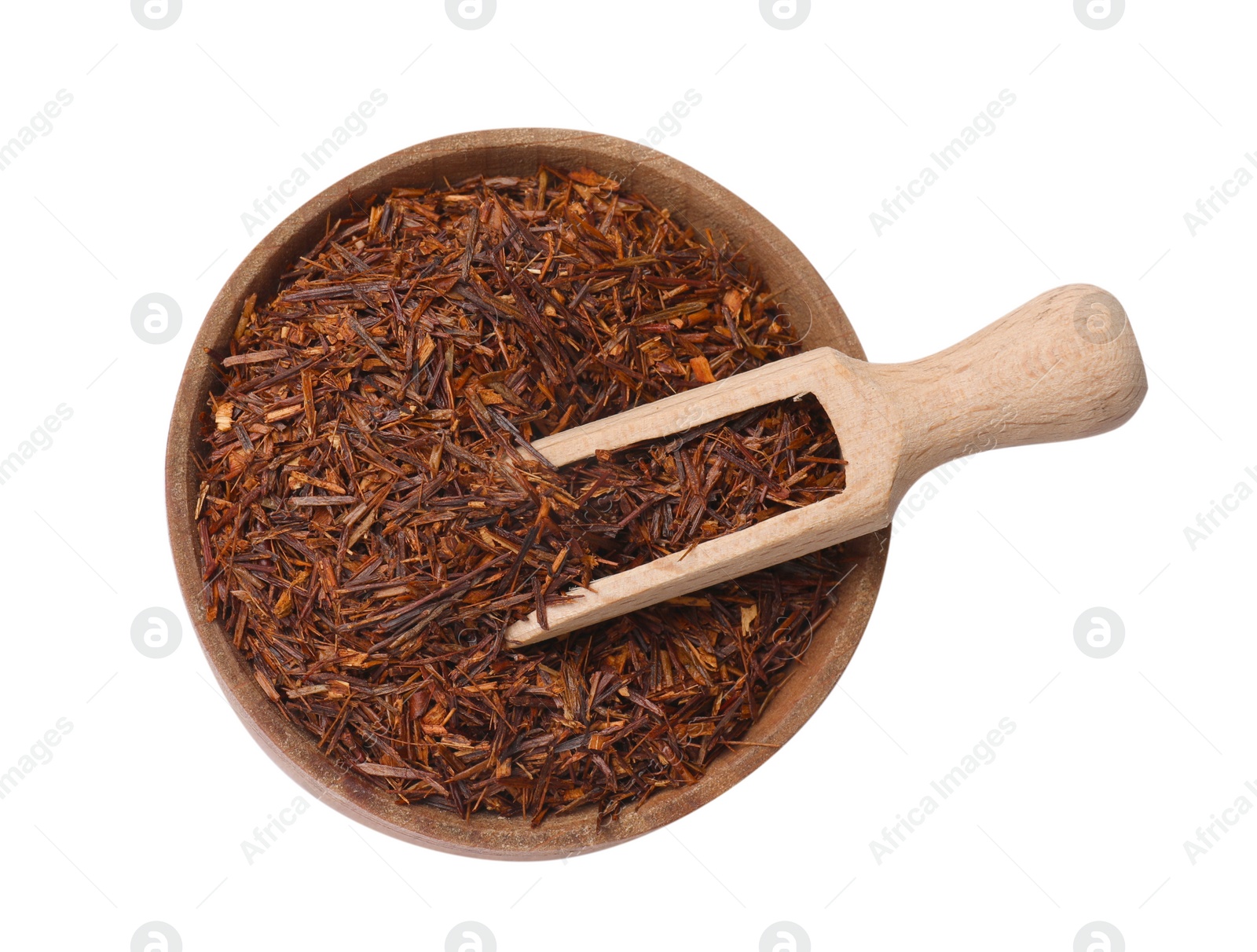 Photo of Rooibos tea in bowl and scoop isolated on white, top view