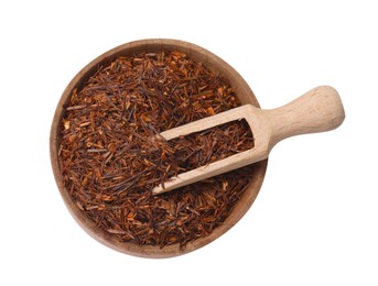 Rooibos tea in bowl and scoop isolated on white, top view