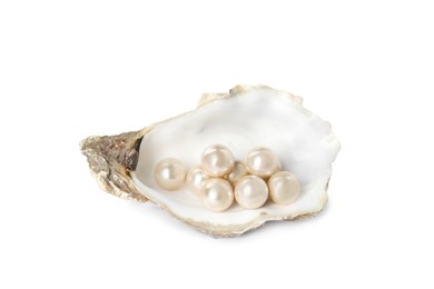 Photo of Oyster shell with pearls on white background
