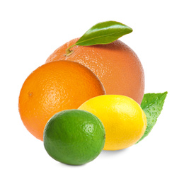 Image of Different citrus fruits with leaves on white background 