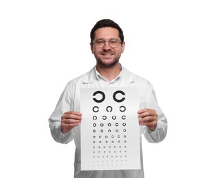 Photo of Ophthalmologist with vision test chart on white background