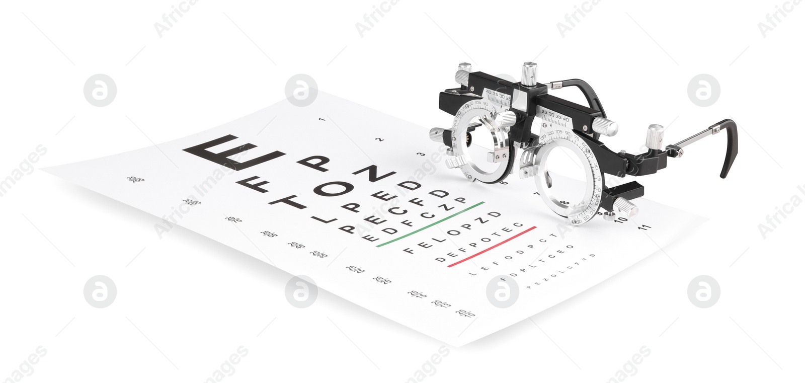 Photo of Trial frame and vision test chart isolated on white