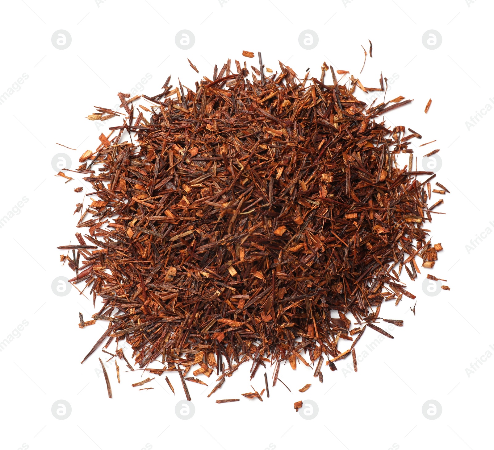 Photo of Heap of rooibos tea isolated on white, top view