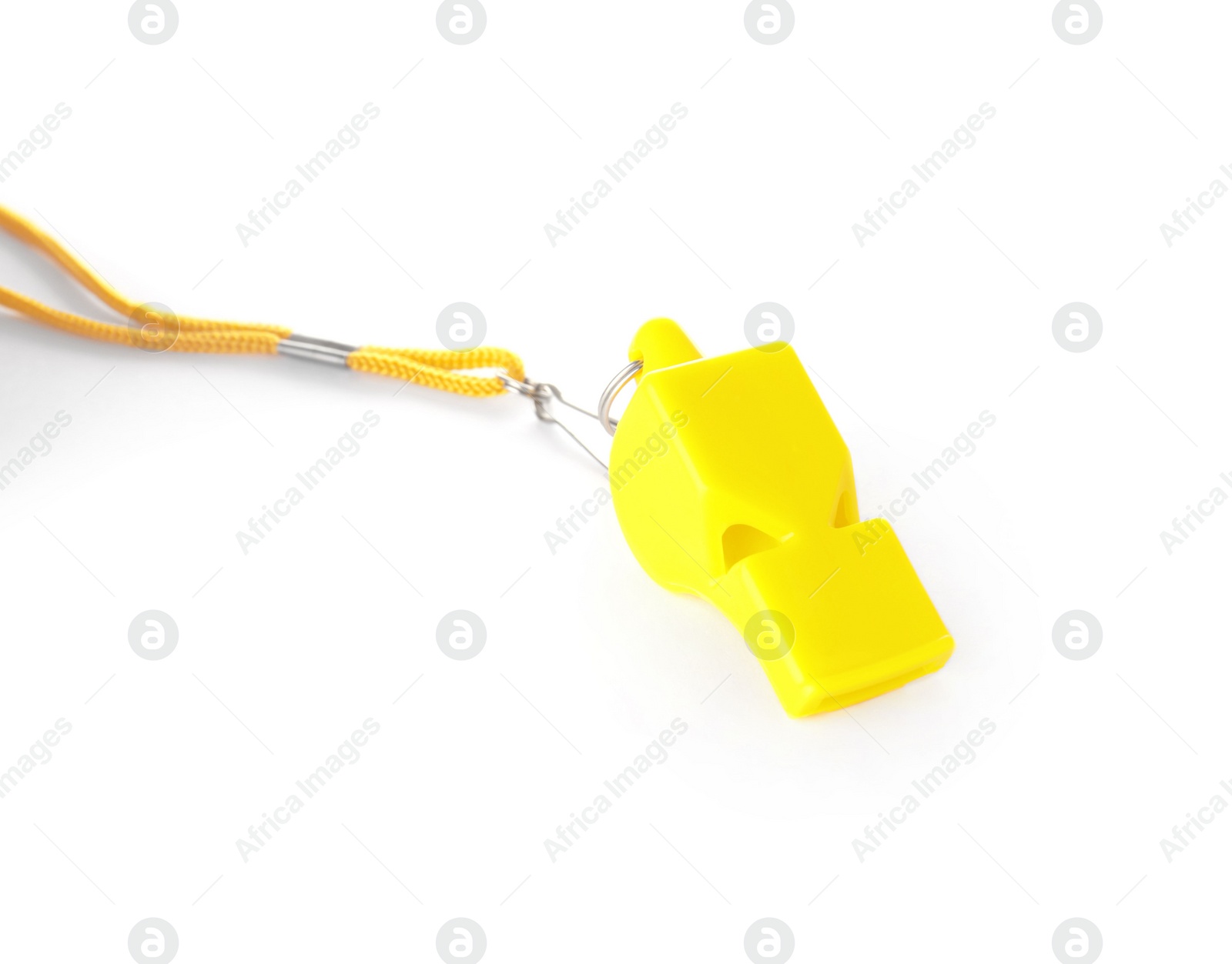 Photo of One yellow whistle with orange cord isolated on white