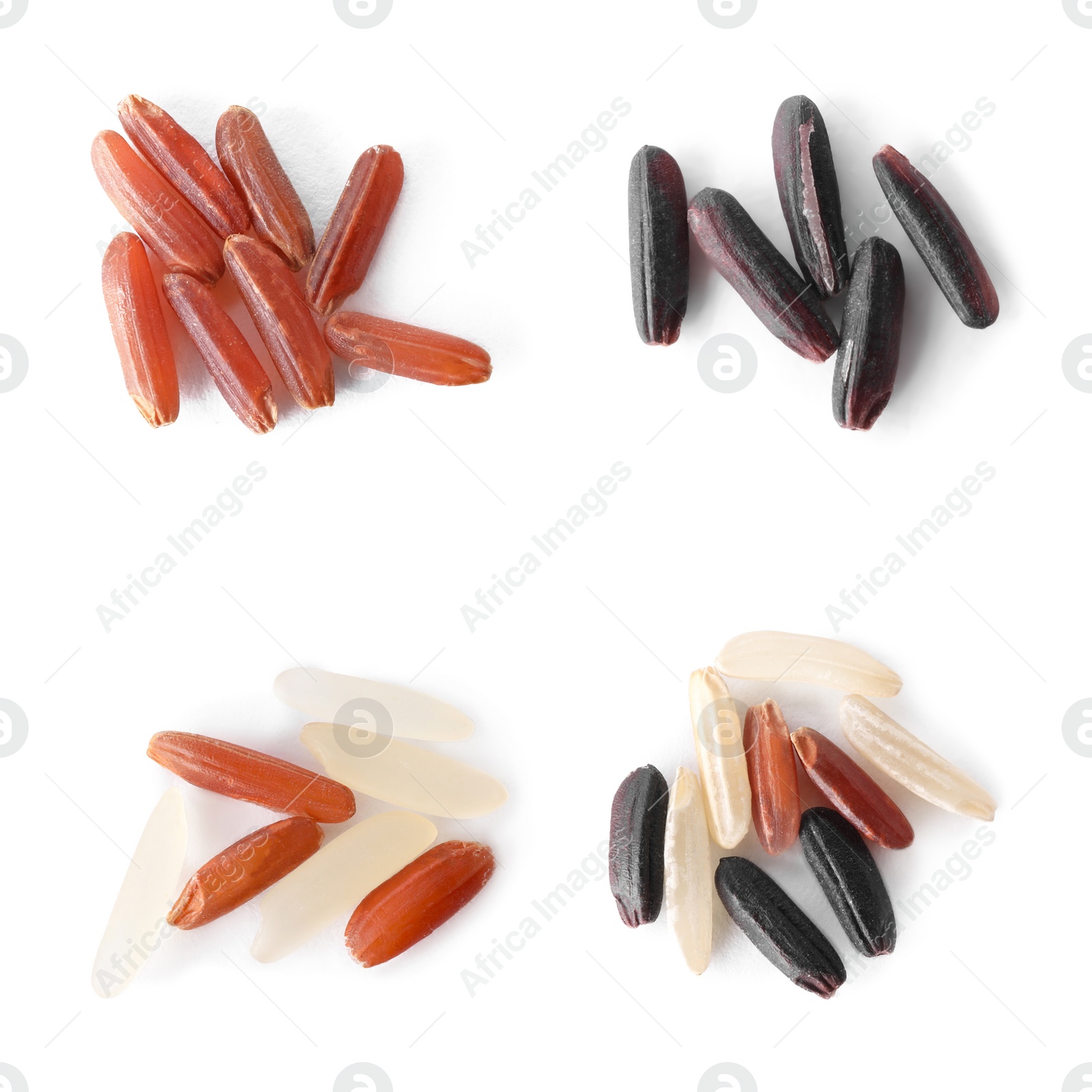 Image of Set with different types of rice on white background, top view