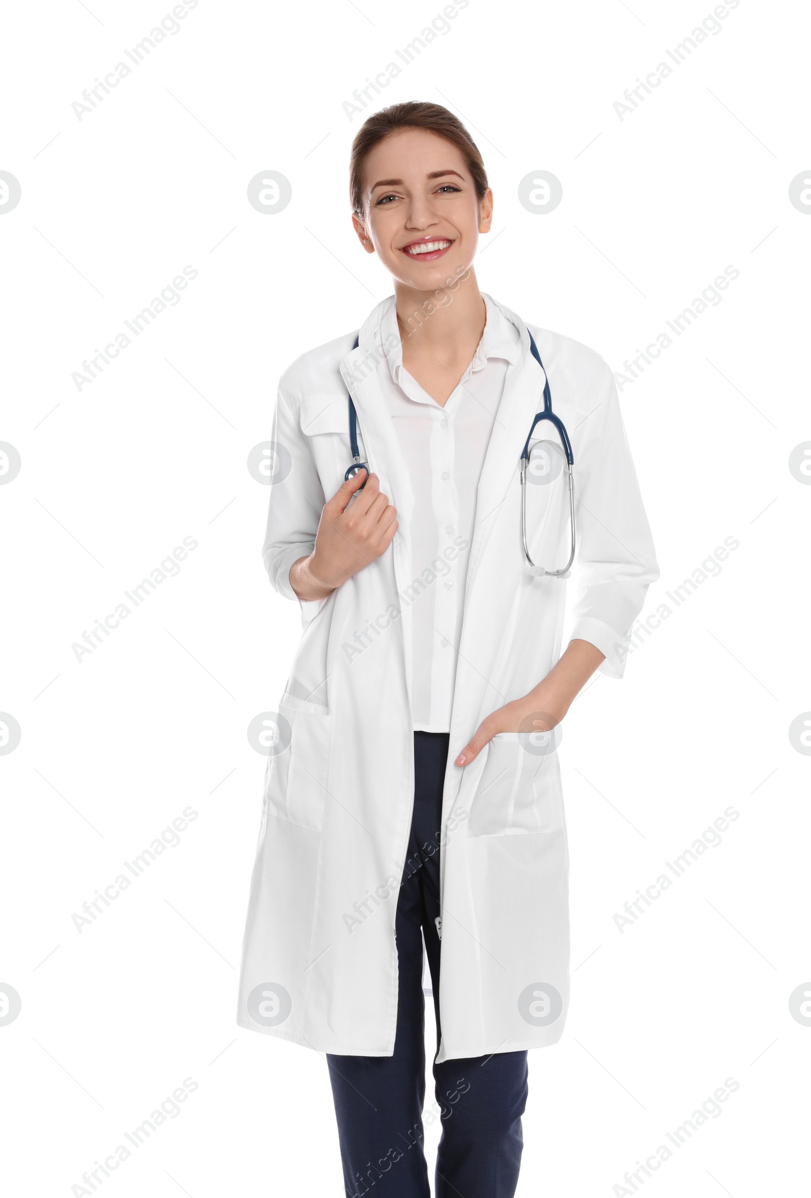 Photo of Portrait of medical doctor with stethoscope isolated on white