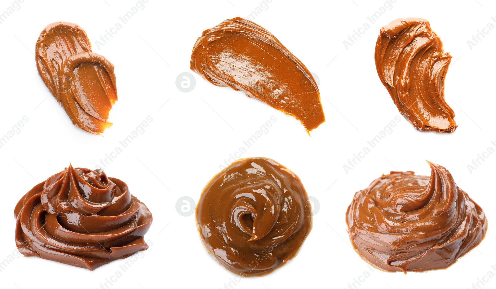Image of Collage with boiled condensed milk on white background