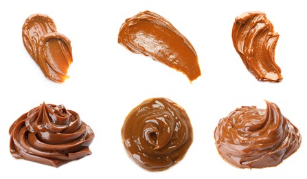 Image of Collage with boiled condensed milk on white background