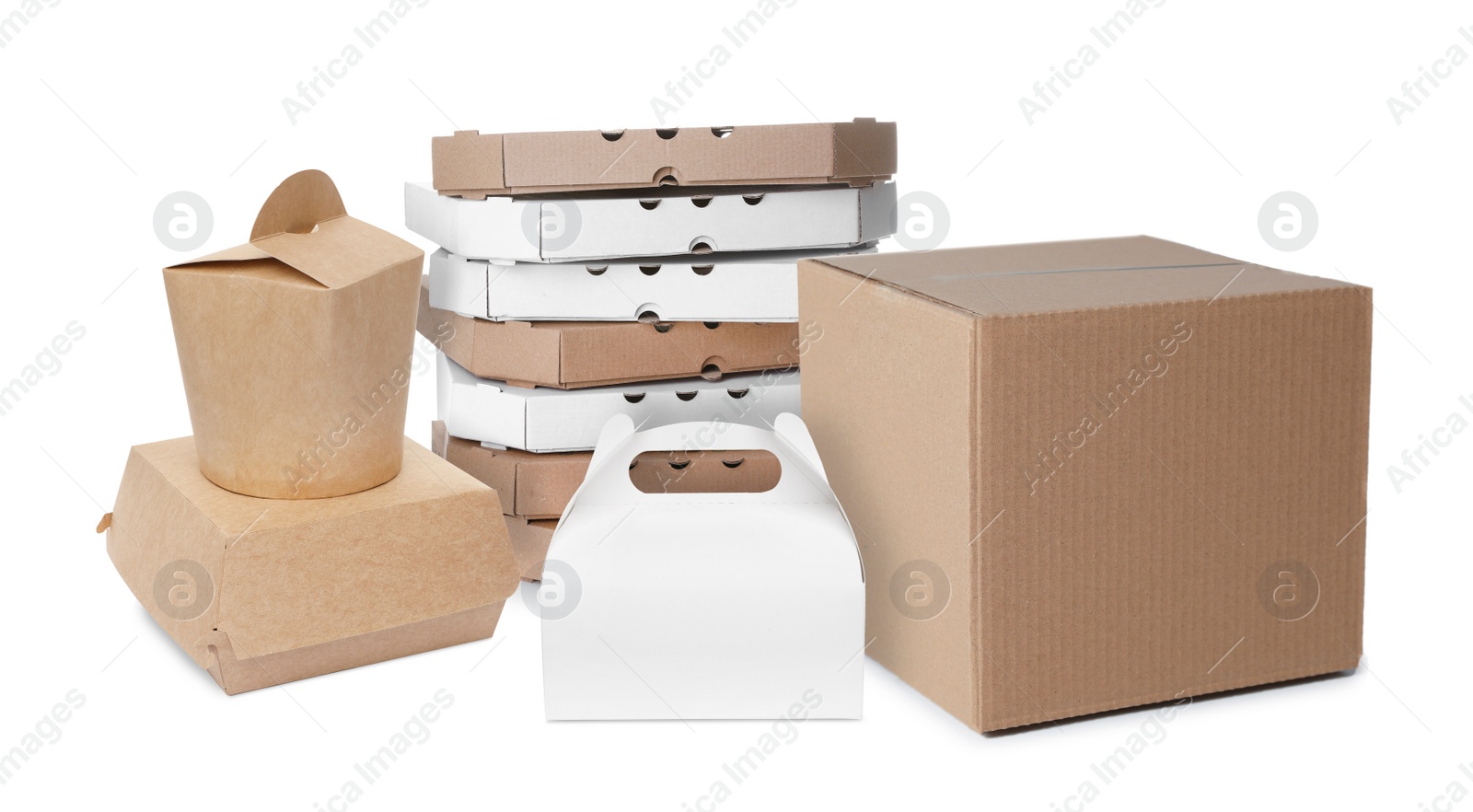 Image of Set with different cardboard boxes on white background