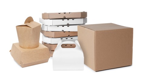 Image of Set with different cardboard boxes on white background