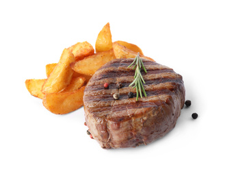 Photo of Delicious grilled beef medallion with fried potatoes isolated on white
