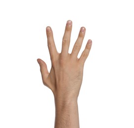 Photo of Man on white background, closeup of hand