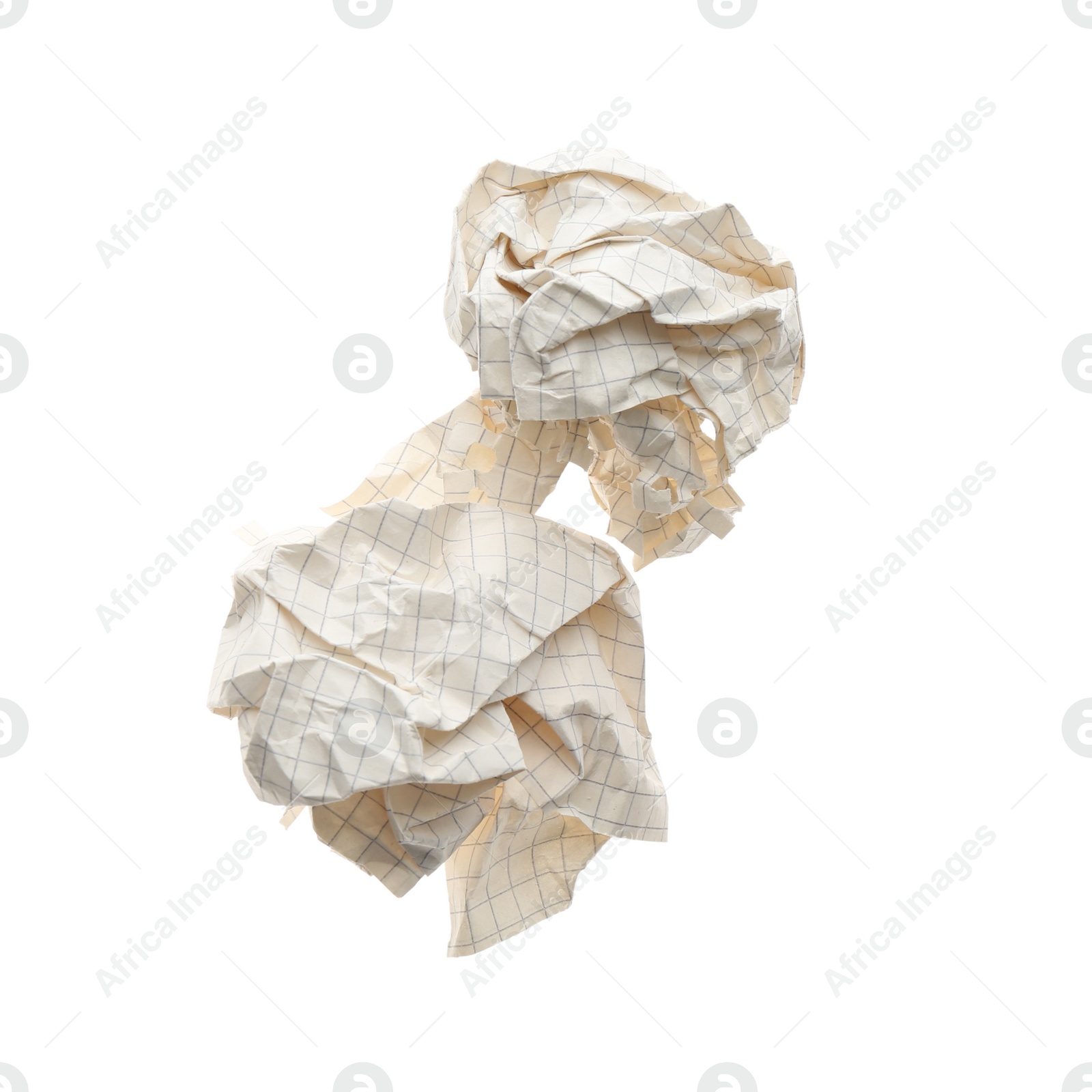 Photo of Crumpled sheets of notebook paper on white background, top view