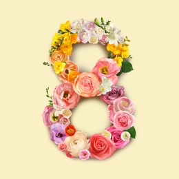 International women's day. Number 8 made of beautiful flowers on pale yellow background, top view