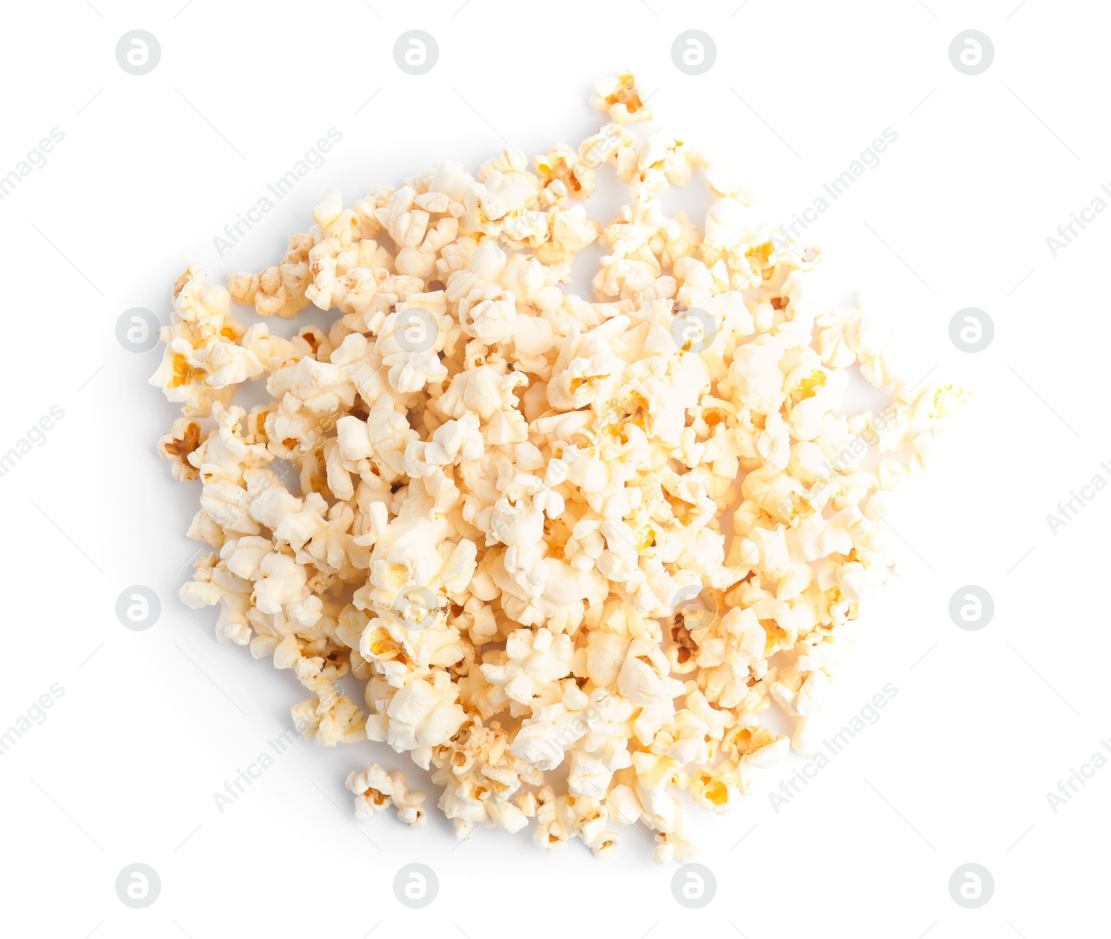 Photo of Tasty fresh pop corn isolated on white, top view