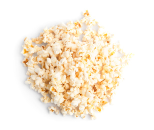 Tasty fresh pop corn isolated on white, top view