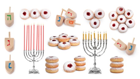 Image of Set with wooden dreidels, doughnuts and silver menorahs on white background. Hanukkah celebration