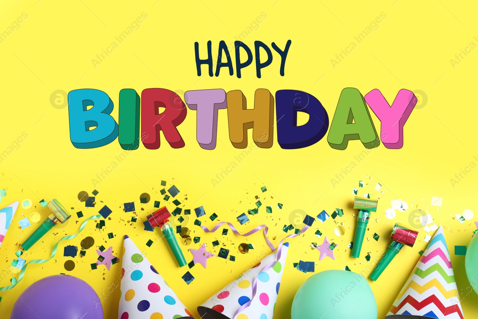 Image of Happy Birthday! Flat lay composition with party hats, balloons and confetti on yellow background 