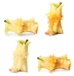 Image of Apple cores on white background, collage. Composting of organic waste