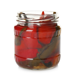 Photo of Jar of pickled peppers isolated on white