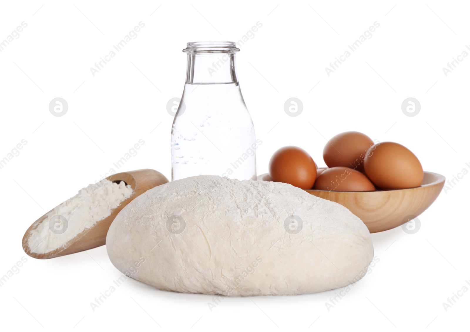 Photo of Dough and ingredients on white background. Sodawater bread recipe