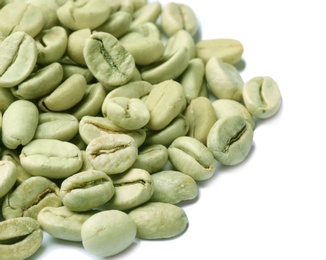 Photo of Green coffee beans on white background, closeup