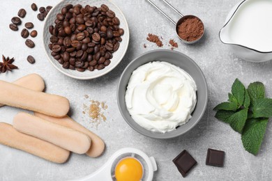 Photo of Flat lay composition with ingredients for tiramisu on grey table