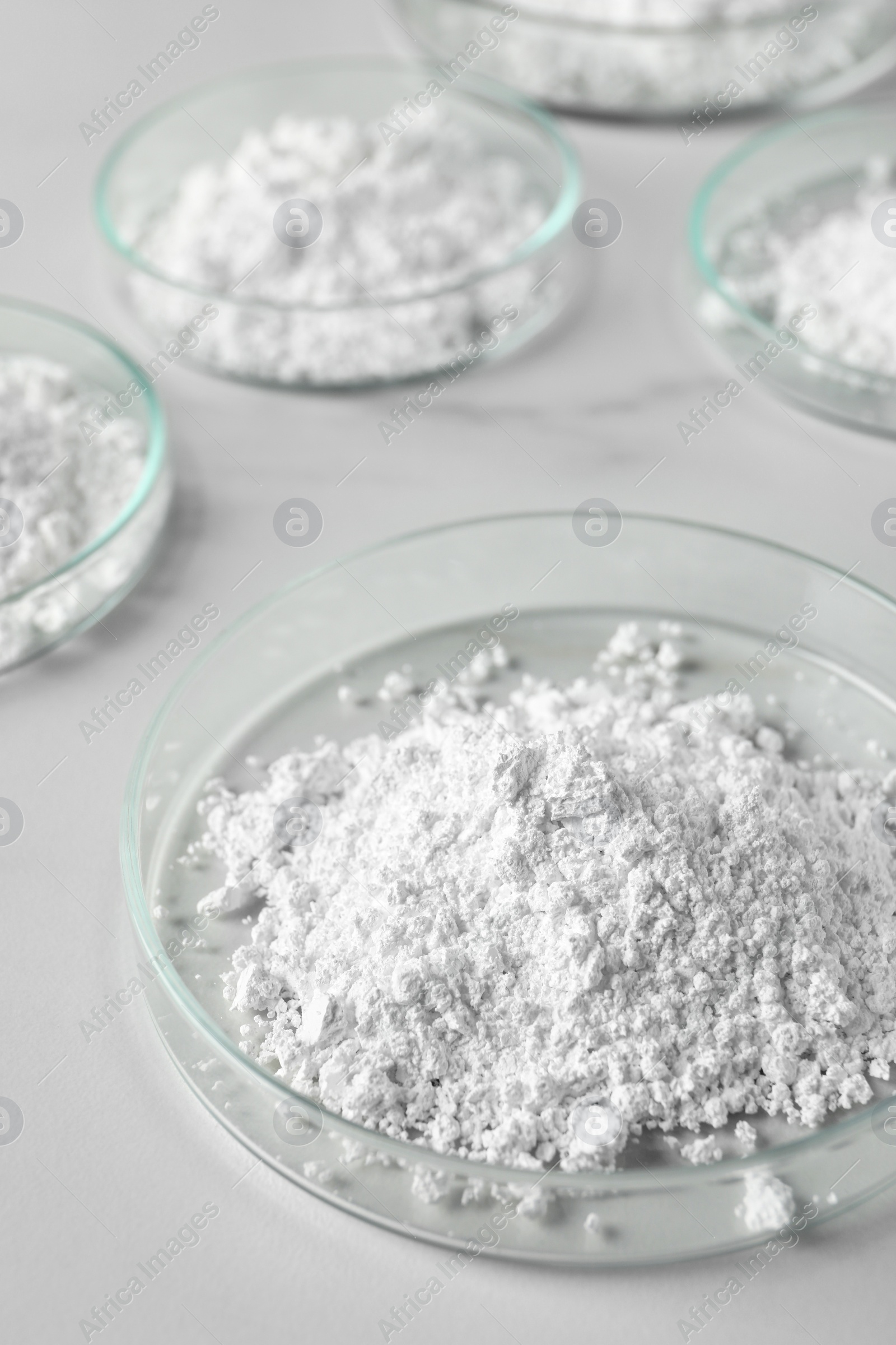 Photo of Many petri dishes with calcium carbonate powder on white table