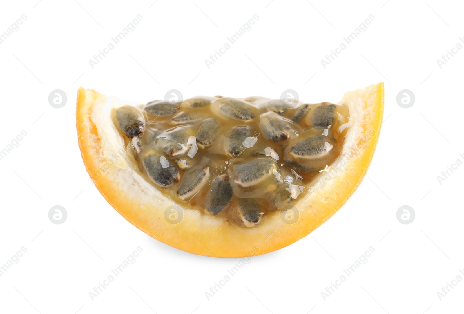 Photo of Piece of delicious ripe granadilla isolated on white