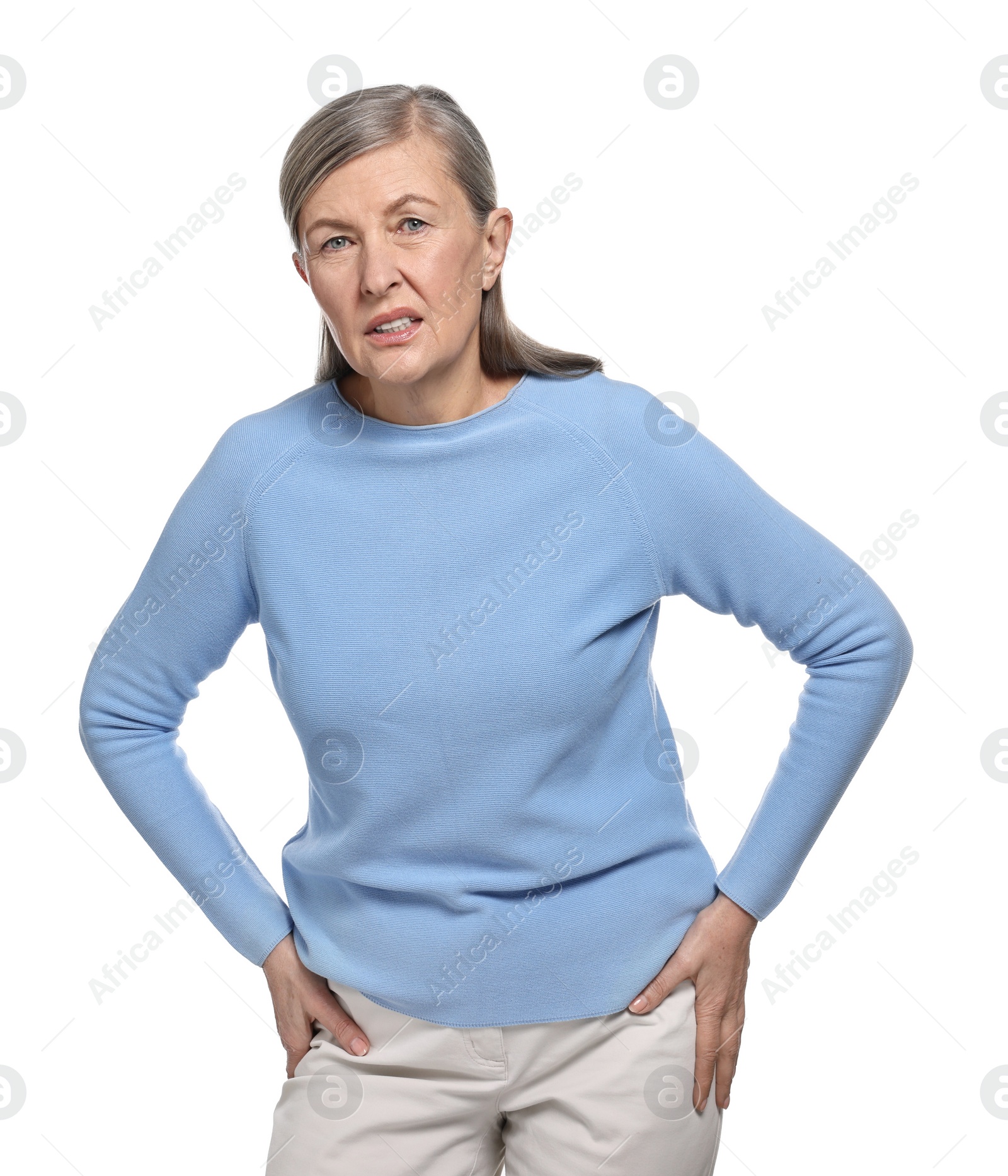 Photo of Arthritis symptoms. Woman suffering from hip joint pain on white background