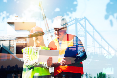 Multiple exposure of industrial engineers in uniform, cityscape, scheme and construction 