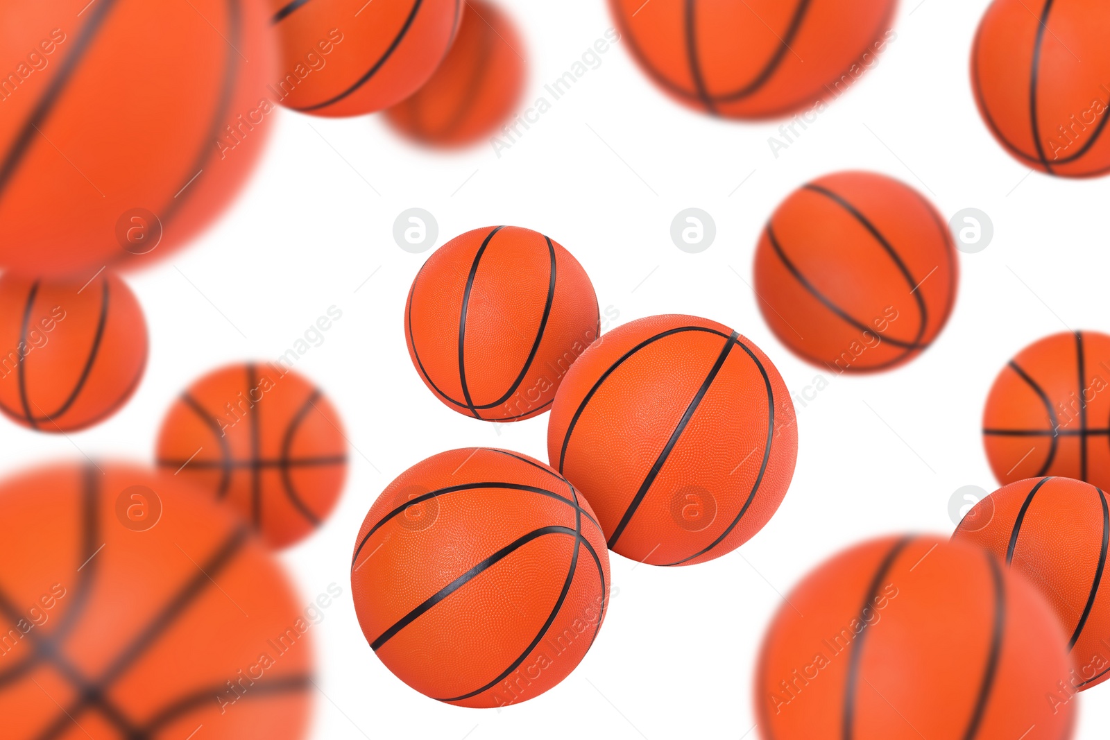 Image of Many basketball balls flying on white background