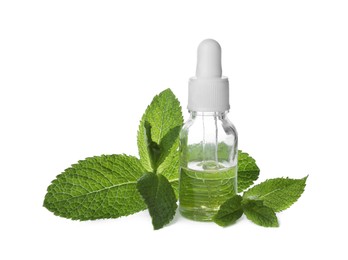 Bottle of essential oil and mint on white background