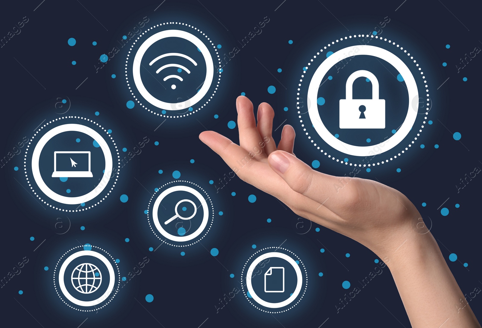 Image of Cyber security concept. Closeup view of woman and different virtual icons on blue background, illustration